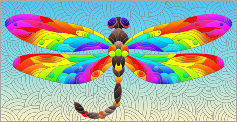 An illustration in the style of a stained glass window with a bright dragonfly on a blue wavy background
