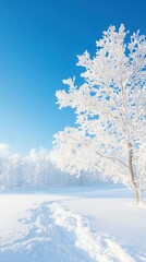 Obraz premium Serene winter landscape with snow-covered trees under clear blue sky