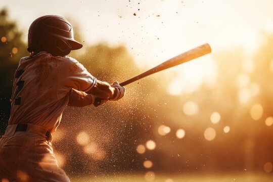 Baseball player swinging bat at sunset creating dust cloud - Powered by Adobe