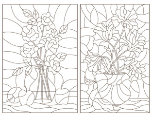 Obraz premium Set of contour illustrations of stained glass Windows with still lifes, poppies and roses dark outlines on a white background