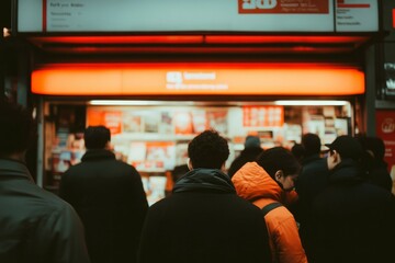 Crowd queuing at newsstand in train station waiting for publications purchase