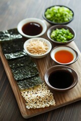 Sushi making ingredients laid out, viewed from above for culinary background use
