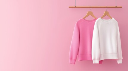 Two Stylish Sweatshirts Hanging on a Wooden Hanger Against a Soft Pink Background