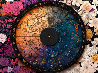 traditional Chinese zodiac wheel featuring intricate designs and vibrant flora, symbolizing twelve zodiac animals and their connection to nature