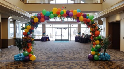 A community Easter event entrance with a festive balloon arch and colorful decorations.