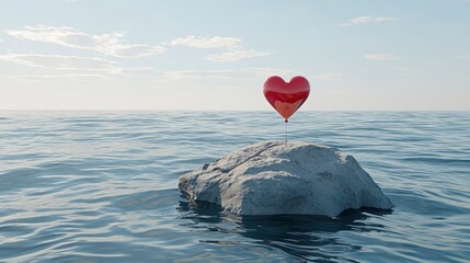 Fototapeta premium Heart Shape Balloon on Rock in Calm Ocean Water Landscape