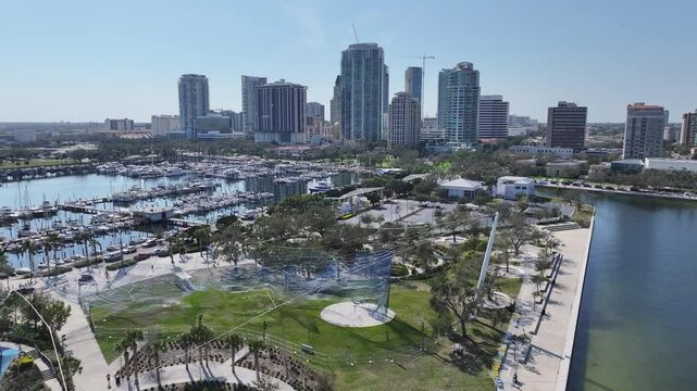 Saint Pete Pier At Saint Petersburg In Florida United States. Downtown District. Beach Drive. Stunning Cityscape. Saint Pete Pier At Saint Petersburg In Florida United States. Panorama Viewpoint.