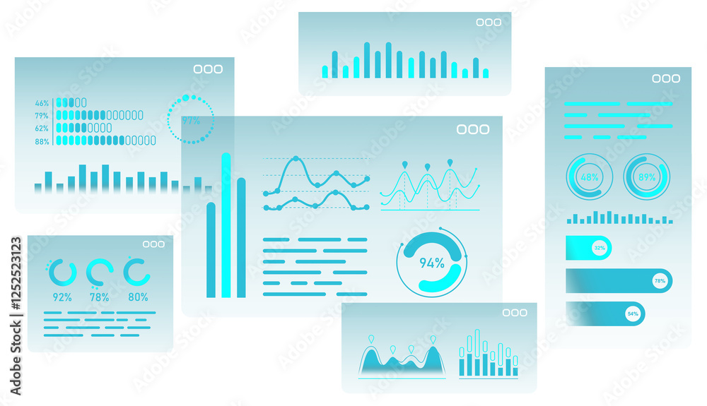 Poster digital interface with analytics elements, including bar charts, line graphs, and circular progress 