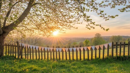 Obraz premium A peaceful Easter sunrise over a countryside fence, decorated with simple, charming bunting.