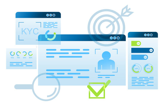 Digital KYC verification process with abstract UI elements, analytics, and identity authentication icons on a white background. Concept of online security