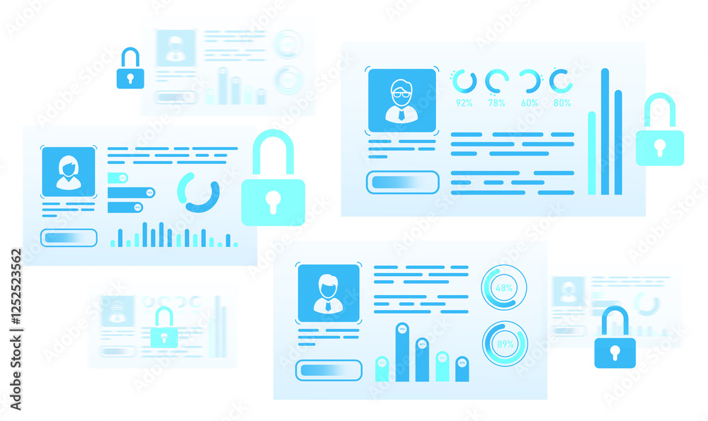 Poster digital identity security with user data interfaces, padlocks, and analytics. futuristic design on a
