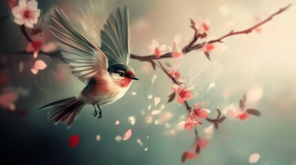 Painted Avian Serenity, Bird in Flight with Cherry Blossom Beauty