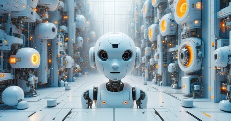 Naklejka premium Futuristic humanoid robot with expressive eyes surrounded by an intricate assembly of advanced robotic devices, forming a synchronized network in a high-tech environment
