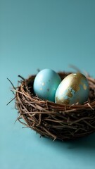 Fototapeta premium Top view, colorful Easter eggs in a nest on a pastel background.