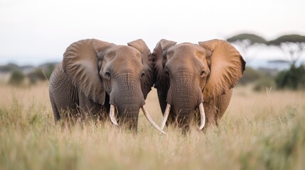 Fototapeta premium Two elephants facing forward in savanna grassland at sunset