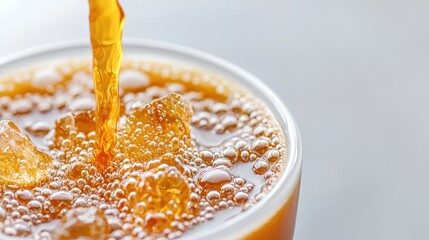 Iced tea pouring into glass with ice, close-up
