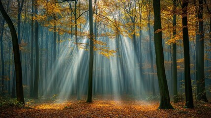 Obraz premium A peaceful, glowing forest where gentle beams of light filter through digitalized leaves.