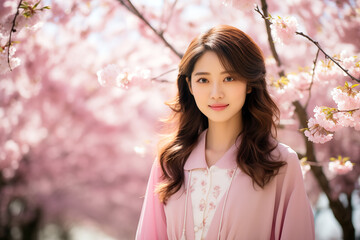 Portrait of young Asian woman enjoying spring serene moment in blooming Japanese park.