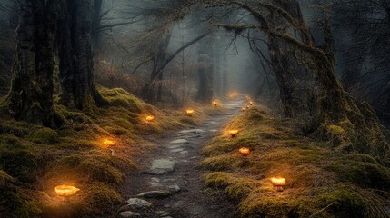 Obraz premium A quiet forest path lined with softly glowing mushrooms, casting a dreamlike luminescence on the mossy ground.