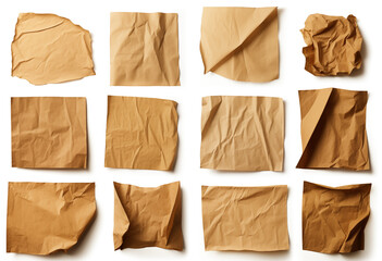 Collection real brown paper torn or ripped pieces of paper on white background