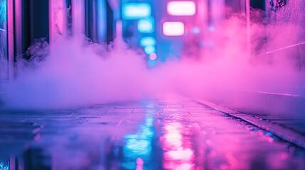 Naklejka premium A tranquil, neon-lit alley where soft mist rises from glowing puddles.