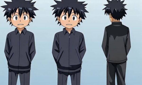 Anime boy character design, three views, school uniform, light background, animation reference