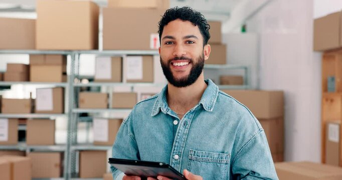 Happy man, face and tablet with boxes for logistics, supply chain or distribution industry in storage warehouse. Portrait, male person or distributor with smile or technology for freight service