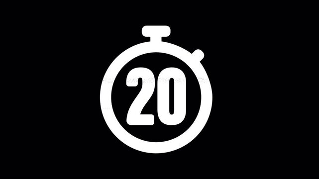 Icon stopwatch 20 is distorted. Glitch. Noise, chromatic aberration, geometric distortion. Transparent background, looped. In-Out looped. Alpha BW at the end