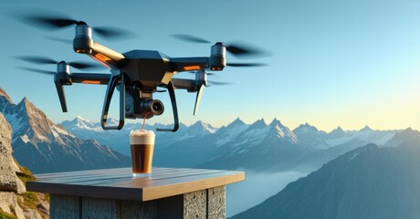Autonomous drone delivers a freshly brewed coffee to a modern mountaintop kiosk, set against a backdrop of majestic peaks under a soft morning sky, symbolizing innovation