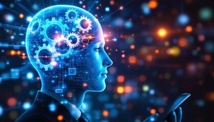 Artificial Intelligence Integration, Human Form with Gear Mechanism and Digital Connectivity