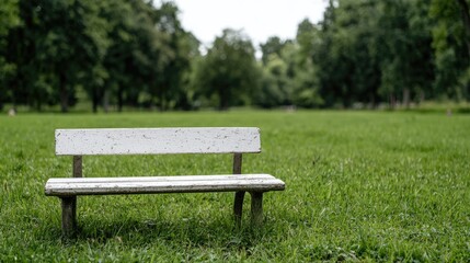 Fototapeta premium Empty park bench on a grassy lawn