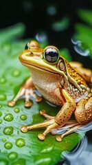Naklejka premium A close-up of a frog sitting on a lily pad, water droplets on its skin, vibrant green leaves around.