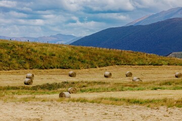 Obraz premium Hay bales rest in a field, beneath a cloudy sky, with rolling hills in the background. A rural landscape. Ngamahango, Napier Taihape Road, Manawatu-Whanganui, New Zealand