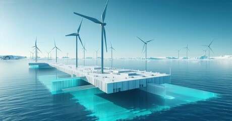 Obraz premium Floating wind farm generating renewable energy over icy waters, featuring towering turbines, modular platforms, and submerged structures reflecting in the Arctic landscape
