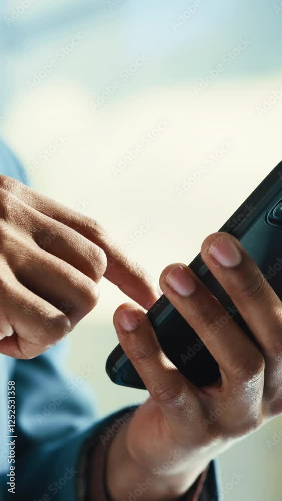 Fototapete Social media, business and hands scroll with phone for internet, communication and app. Contact, chat and person with smartphone for email, online conversation and networking with message at work