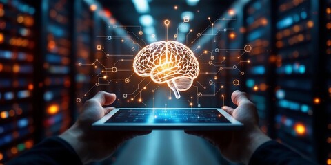 Human hands hold a tablet displaying a digital brain in data center