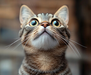 Surprised cat with wide eyes looking up, showcasing its curious expression and detailed fur. This amusing moment captures essence of feline wonder