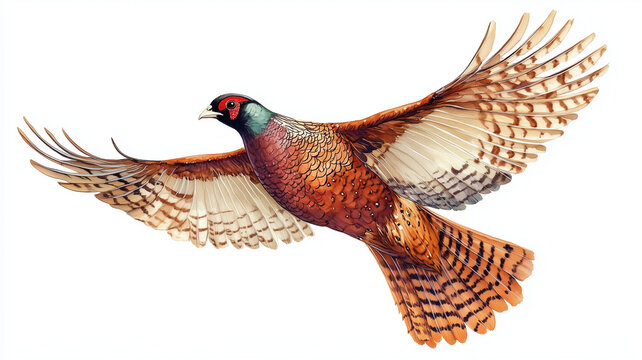 vibrant ring necked pheasant in flight, showcasing its colorful plumage against white background. bird wings are spread wide, highlighting its intricate feather patterns and striking colors