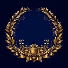Gold laurel wreath frame, urn, dark blue background, design element
