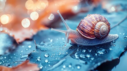A close-up of a snail crawling on a wet leaf, water droplets glistening, soft bokeh background.