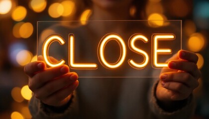 Illuminated Closure, Holding a Bright Neon Sign Announcing Closing Time