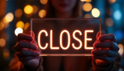 Glowing 'CLOSE' Sign Held by Person on Blurred Bokeh Lights Background