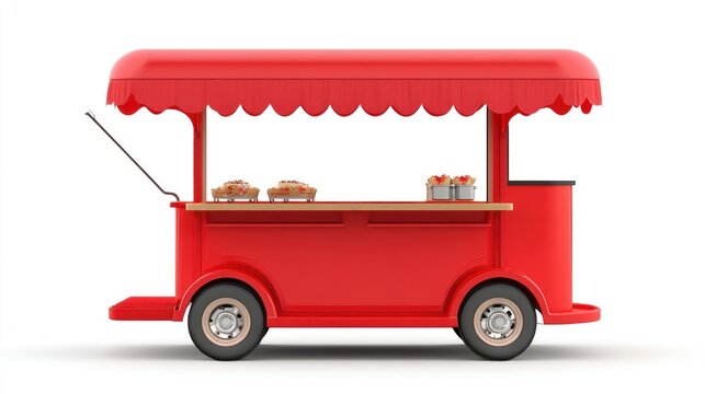 Red Food Cart Design:  A vibrant, charming red food cart, perfect for mobile culinary ventures. It's equipped with a retractable awning, showcasing delicious treats.