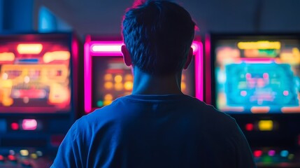 Glowing Retro Arcade Machine with Person Playing Classic Video Game on Neon-Lit Screen