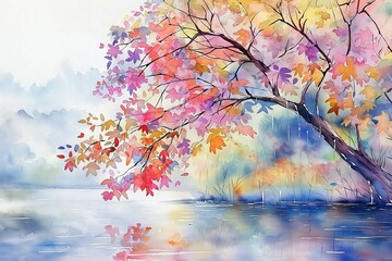 Naklejka premium Serene Autumn Watercolor Landscape Tree Over Water