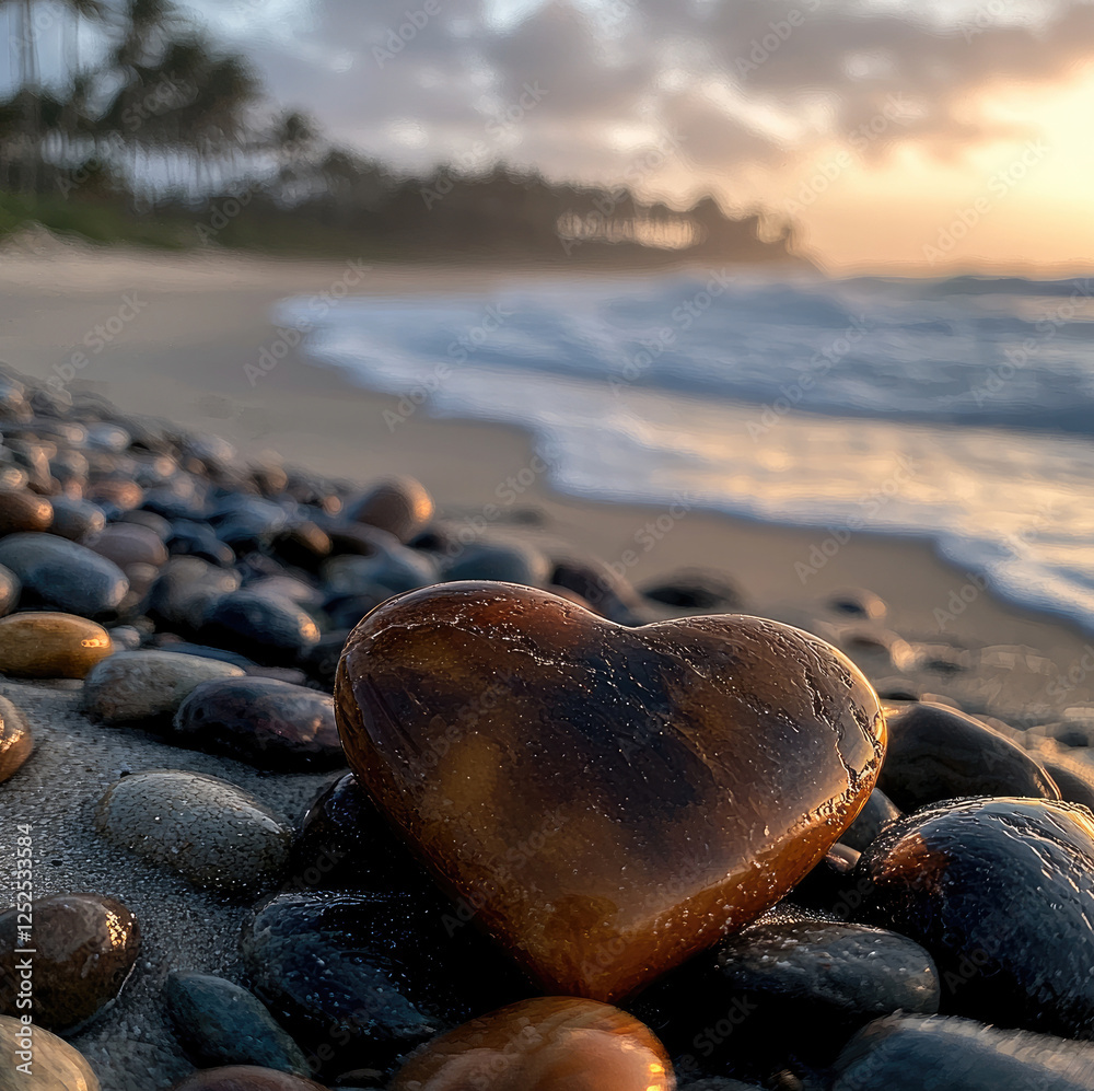 Poster Shiny colorful heart shaped pebbles washed up on a beach with palm trees in the distant background.