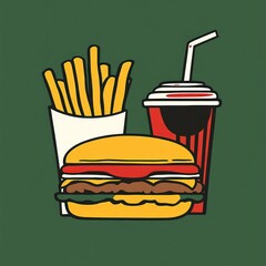 Fast food combo illustration, fries, burger, soda, simple graphic design, digital art, food, meal