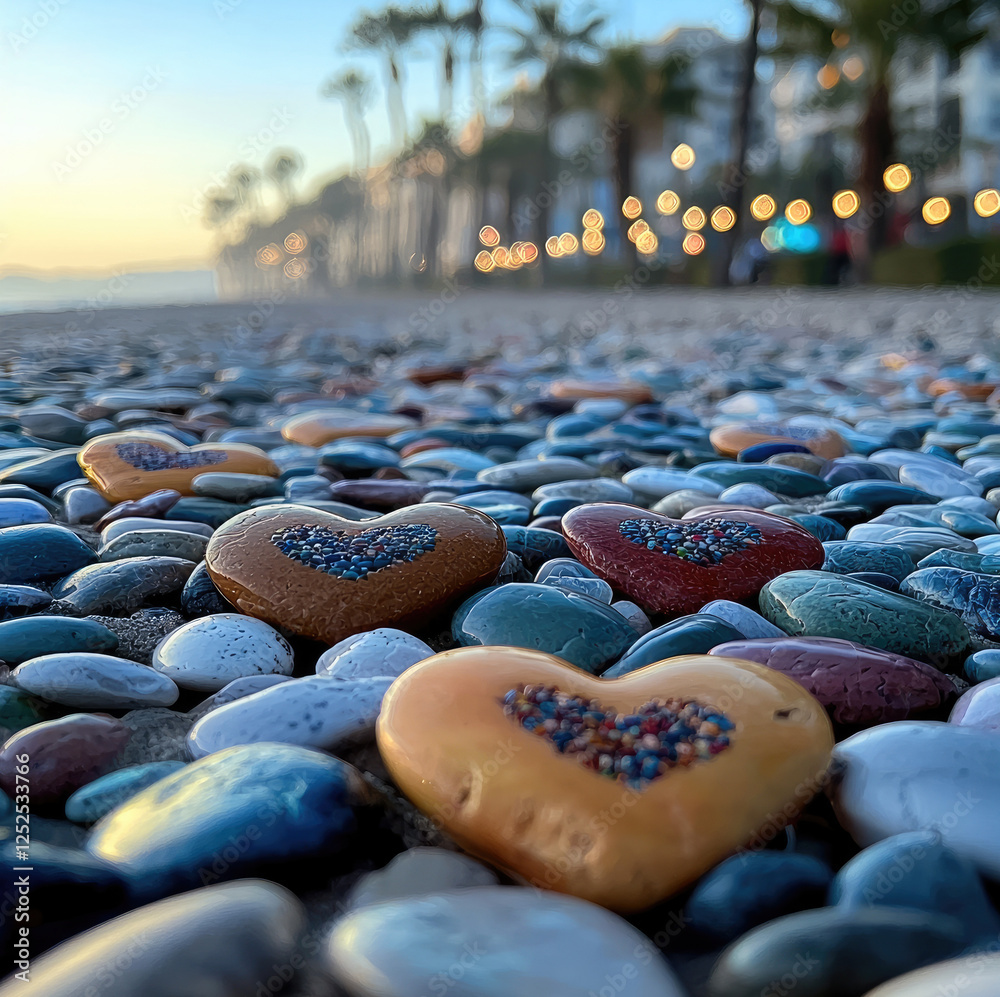 Poster Shiny colorful heart shaped pebbles washed up on a beach with palm trees in the distant background.