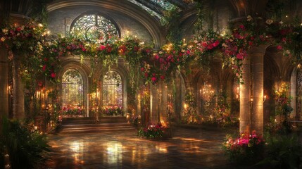 Floral Hall with Candles and Arches Glowing at Dusk with Reflective Floors and Stone Walls.