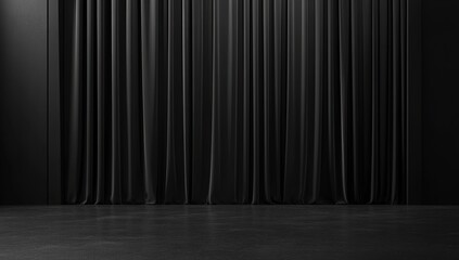 Dark Draped Room:  Elegant Black Curtains & Floor, Moody Ambiance, Dramatic Setting, Mysterious Atmosphere